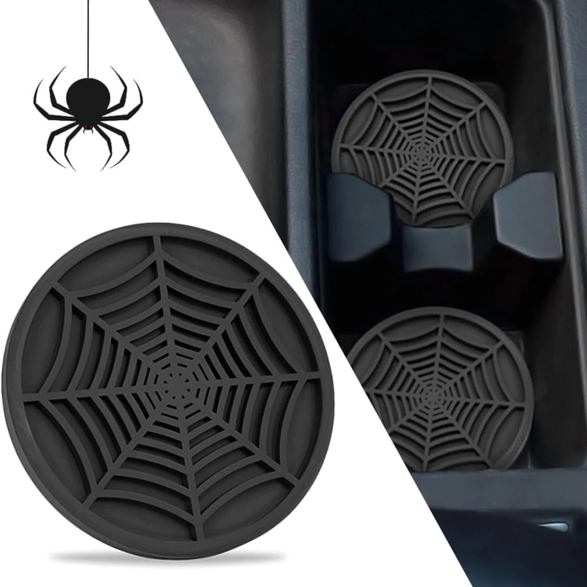Silicone spider web car coasters shown with a spider silhouette and detailed webbing patterns.