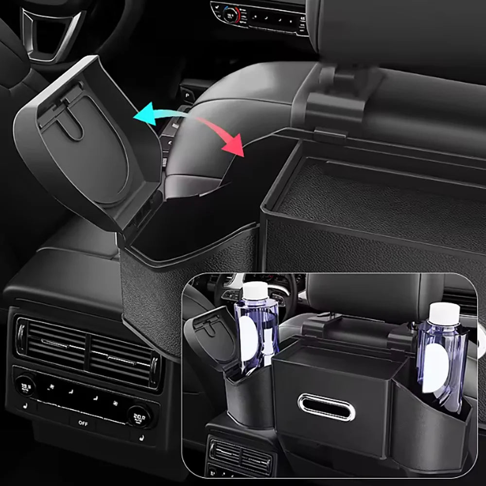 Gros plan d'un organisateur et rangement multifonctionnel pour siège de voiture avec divers compartiments pour les objets.