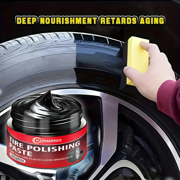 A hand applies black tire polishing paste to a tire rim, with text promoting deep nourishment and retarding aging.