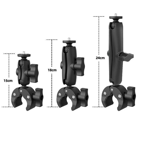 Black universal camera mount with adjustable height and mounting plates.