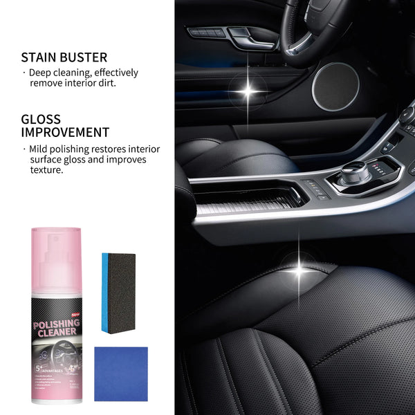 A bottle of polishing cleaner next to a car interior showing stain and gloss improvement features.