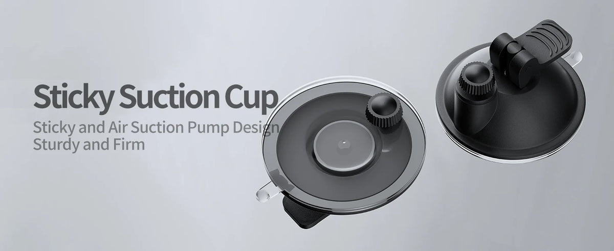 A close-up view of a black sticky suction cup designed for mounting, shown with accompanying text.