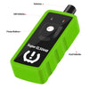 A green TPMS relearn tool with an antenna and power button, shown next to labels for GM and Ford vehicles.