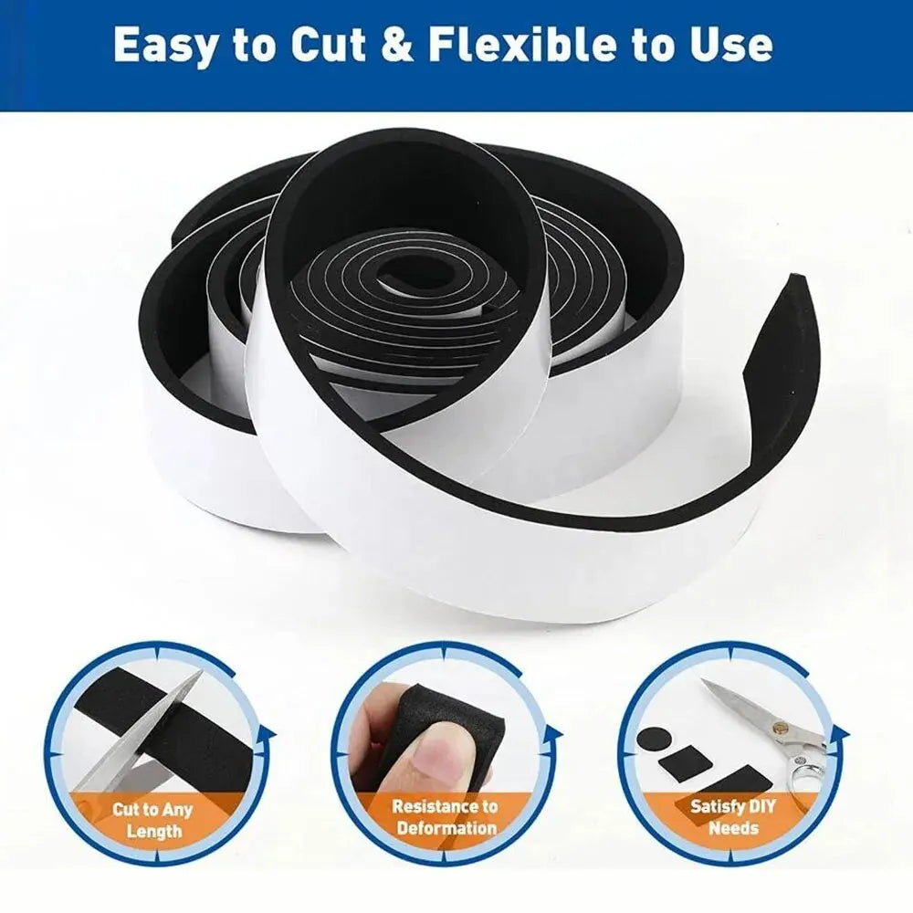 Rolls of black and white foam sealing tape demonstrating ease of cutting and flexibility for DIY needs