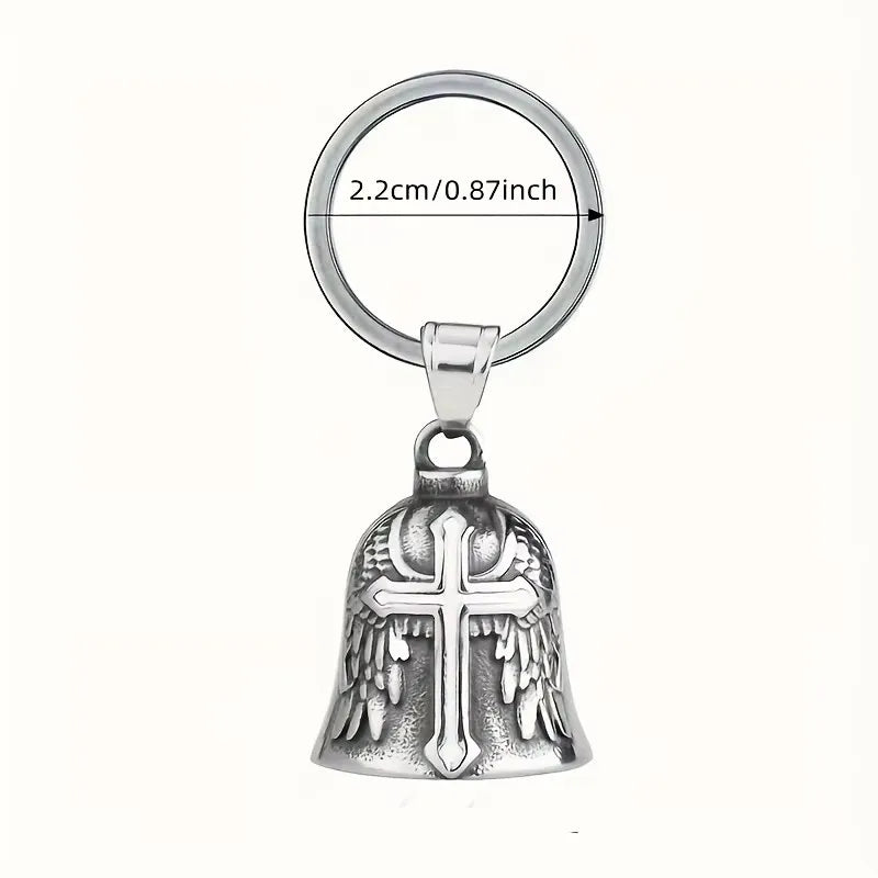 Silver angel wings motorcycle bell keychain with a circular ring.