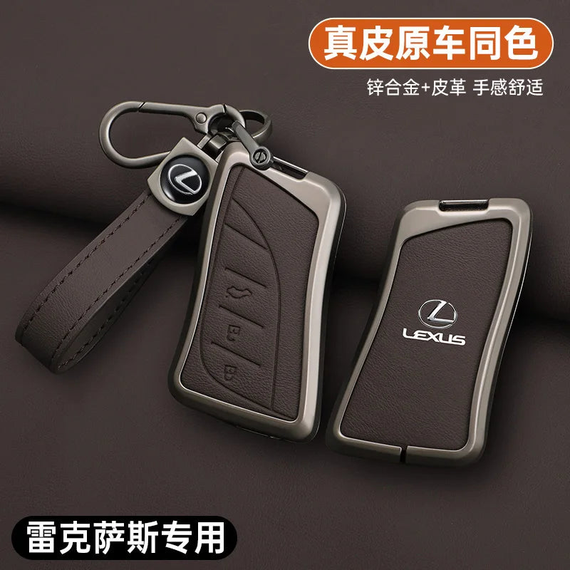 A dark gray leather car key cover shell with a metal clip and strap, designed to match the original Lexus car color.