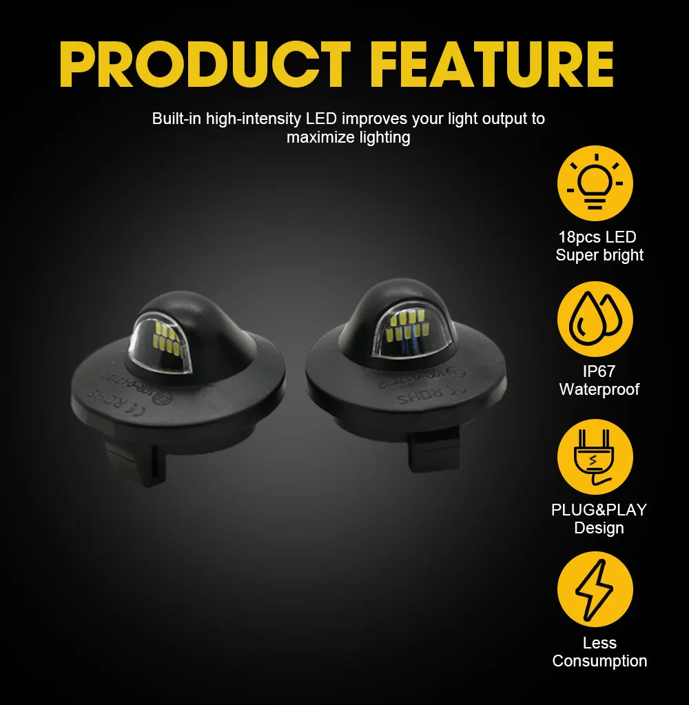 A black automotive LED light fixture with a built-in high-intensity LED, showing features like IP67 waterproof rating and plu