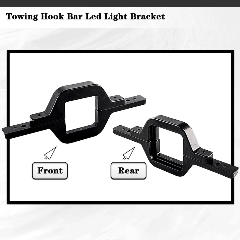 A pair of black towing hook bar led light brackets shown from the front and rear views.