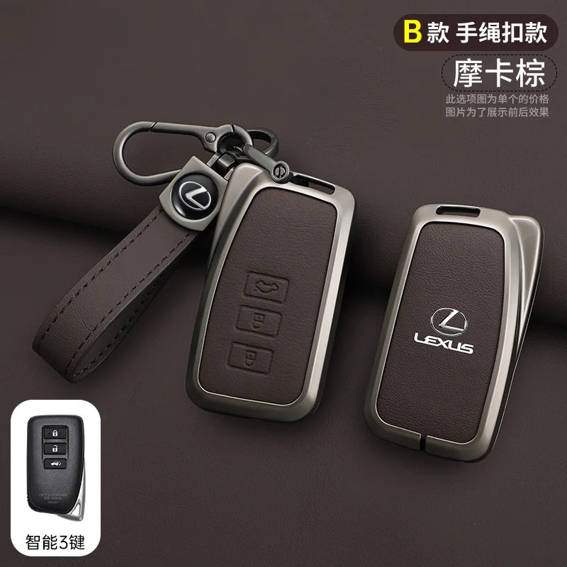 A dark brown Lexus car key cover shell and a leather strap are shown on a dark background.