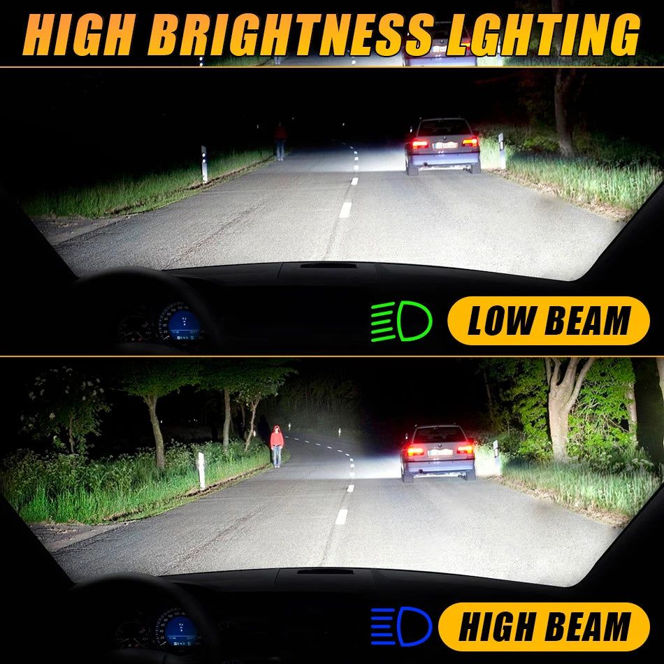Comparison of low beam and high beam lighting on a road at night.