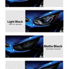 Four variations of car headlight tint film colors: Clear, Light Black, Matte Black, and Deep Black.