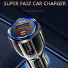 A close-up view of a black QC5.0 30W+PD30W super fast car charger with USB ports.