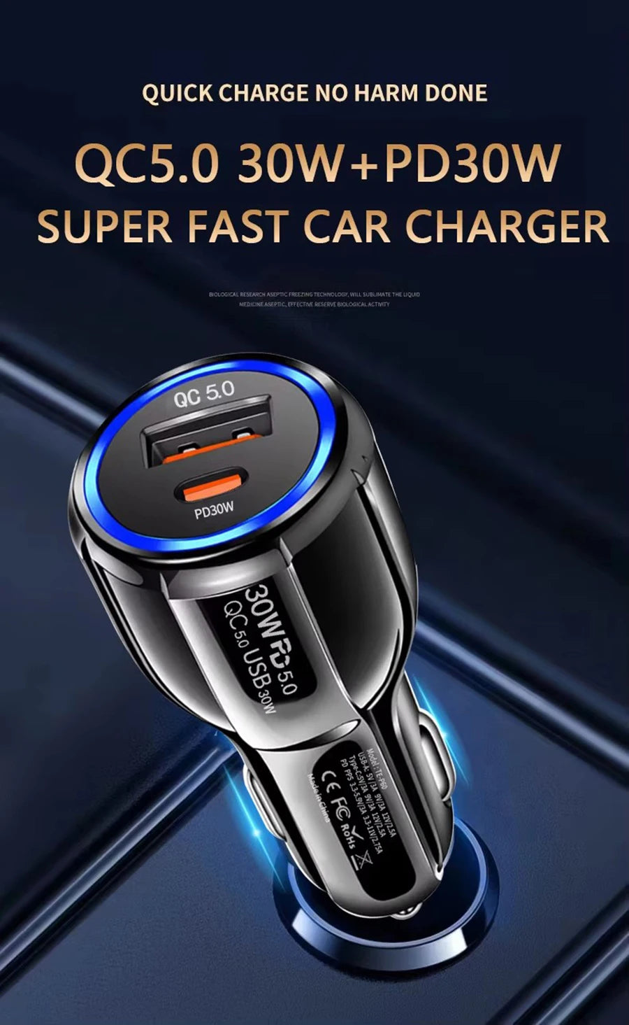 A close-up view of a black QC5.0 30W+PD30W super fast car charger with USB ports.