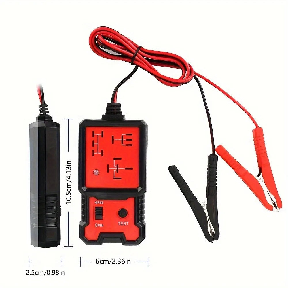 Tragbarer 12V Auto-Relais-Tester mit rotem und schwarzem Kabel und Testleitungen.