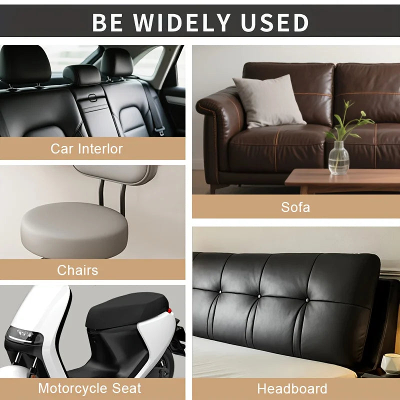 Various applications of heavy duty self-adhesive PU leather repair patches on car interiors, sofas, chairs, motorcycle seats,