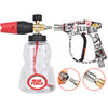 A professional pressure washer spray gun kit showing a red and black spray gun connected to a clear bottle and a handheld pum
