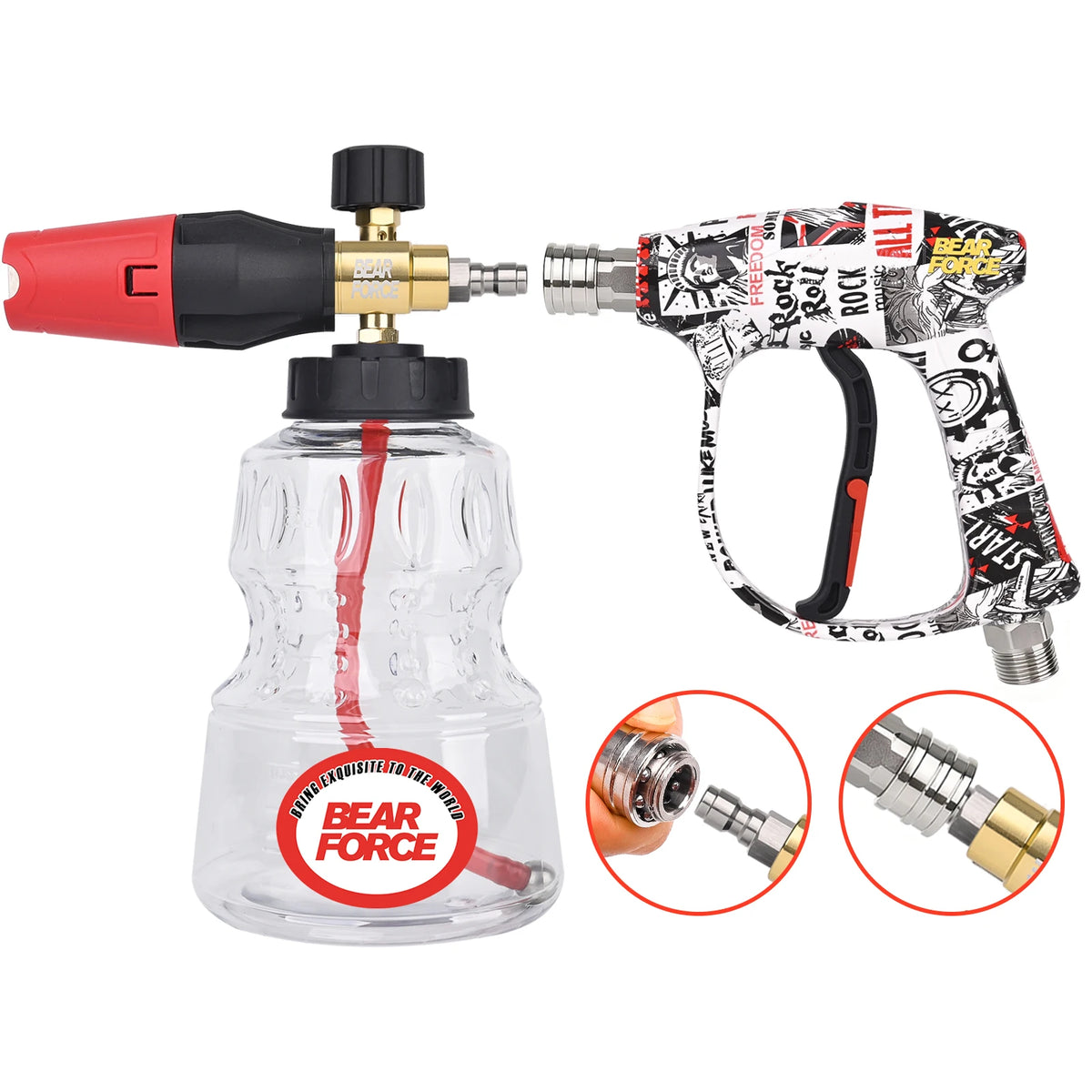 A professional pressure washer spray gun kit showing a red and black spray gun connected to a clear bottle and a handheld pum