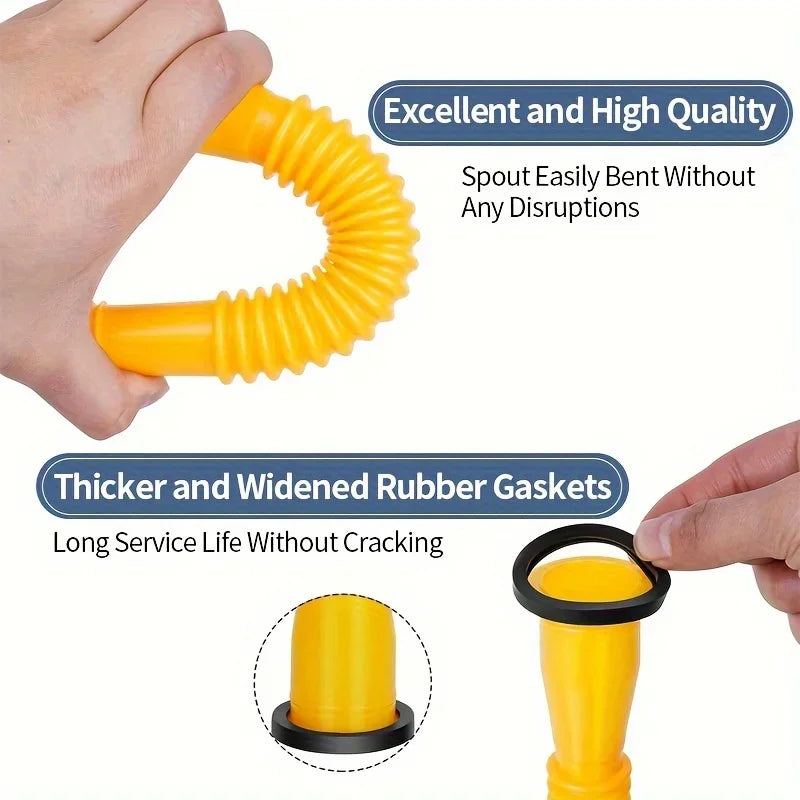 Close-up of a yellow gas can spout replacement nozzle adapter with rubber gaskets being fitted onto the spout.