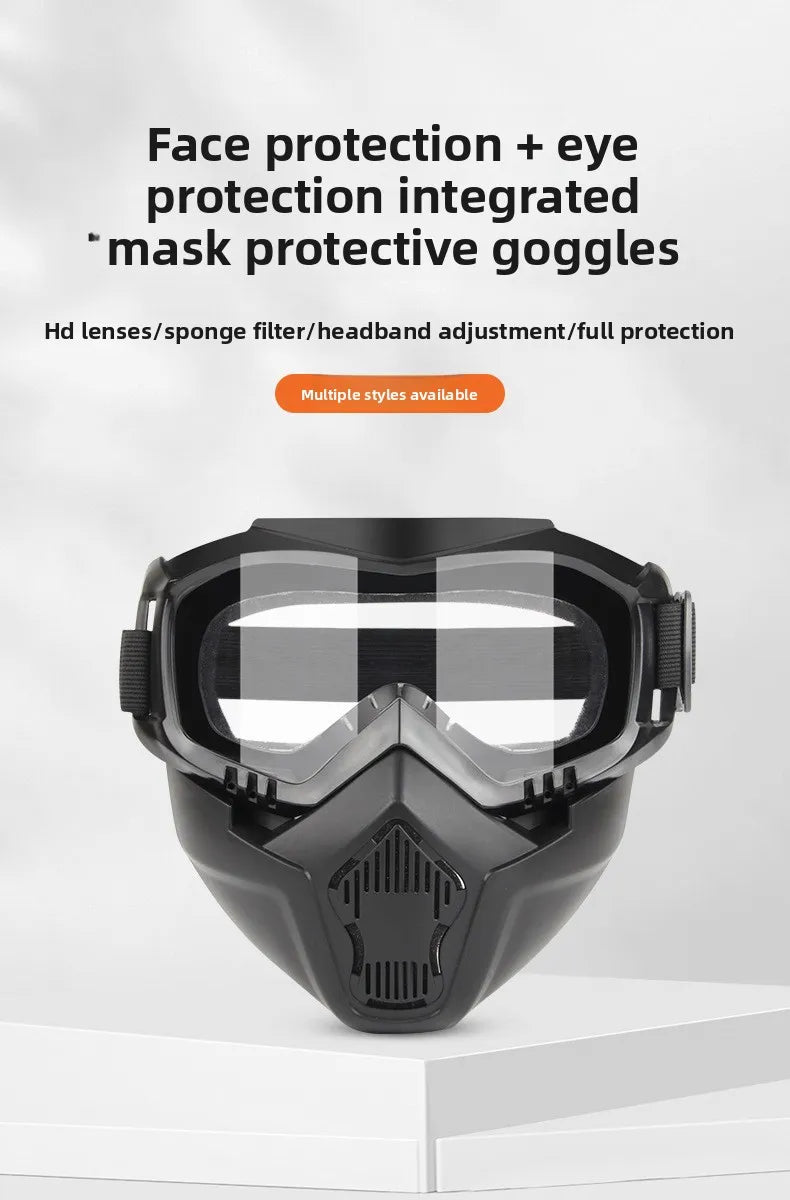 A black protective mask featuring HD lenses and sponge filters designed for face and eye protection.