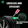 A close-up of a tire with a needle and repair kit, demonstrating a loss-less and efficient repair.