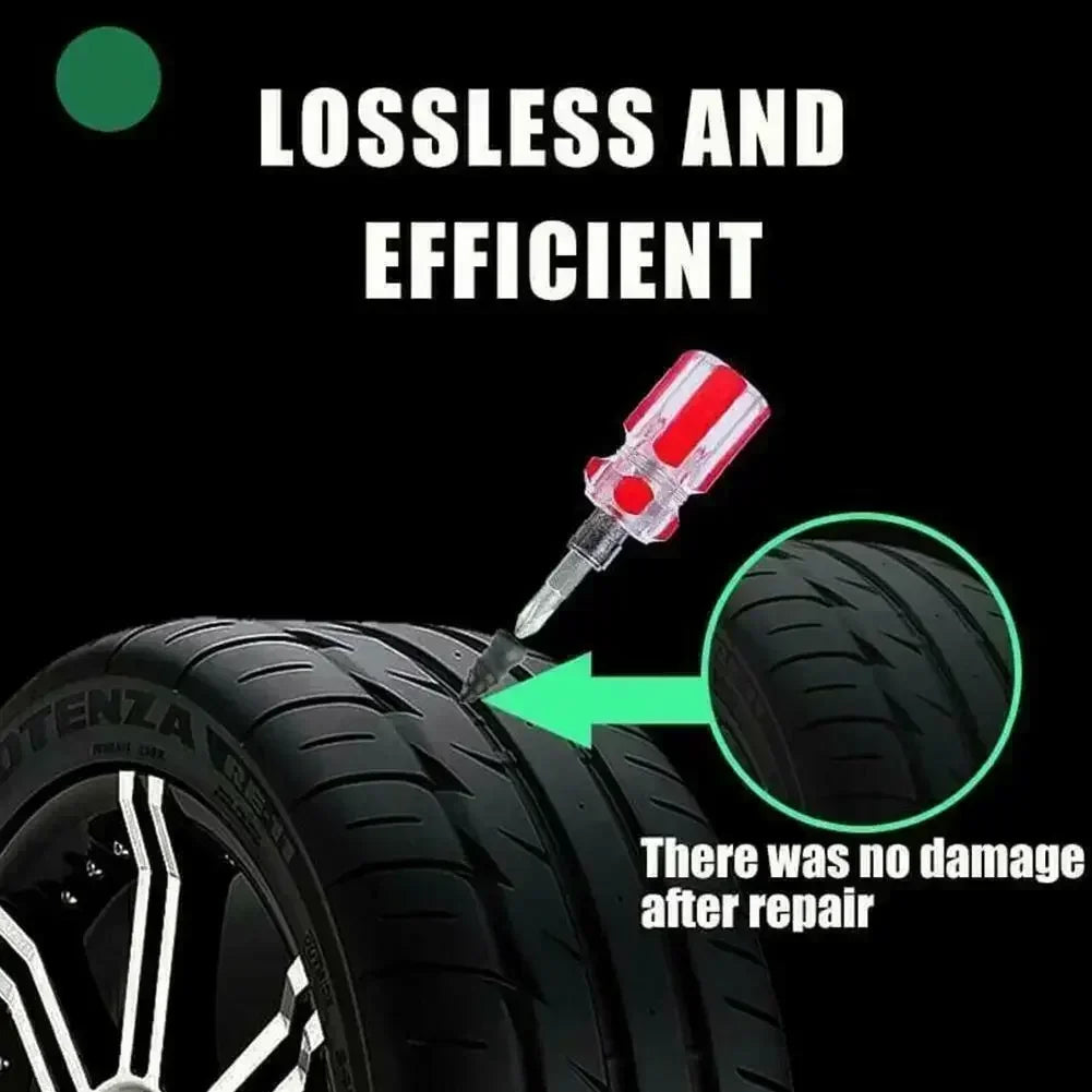 A close-up of a tire with a needle and repair kit, demonstrating a loss-less and efficient repair.