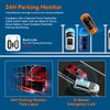 A montage showing a 24H Parking Monitor device, a Buck Line cable, and a G-Sensor Emergency Lock on a car.