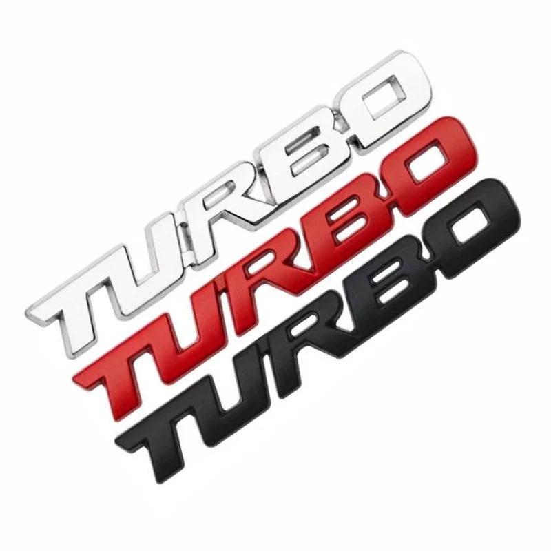 Three stacked turbo badges in silver, red, and black metal alloy finish.
