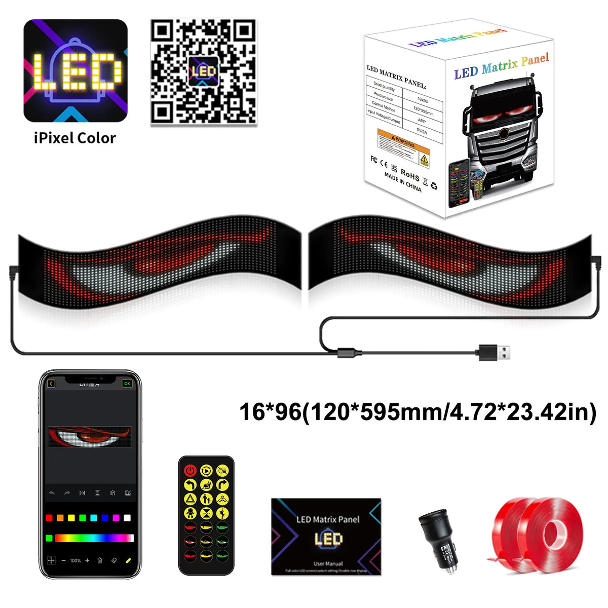 A set of LED matrix panels, a QR code, and a smartphone displaying an interface for the 2-in-1 LED Pixel Panel Light.