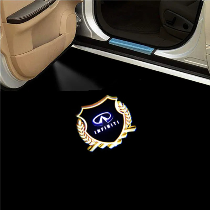 Car door shadow light projector illuminating the interior of an Infiniti vehicle door.