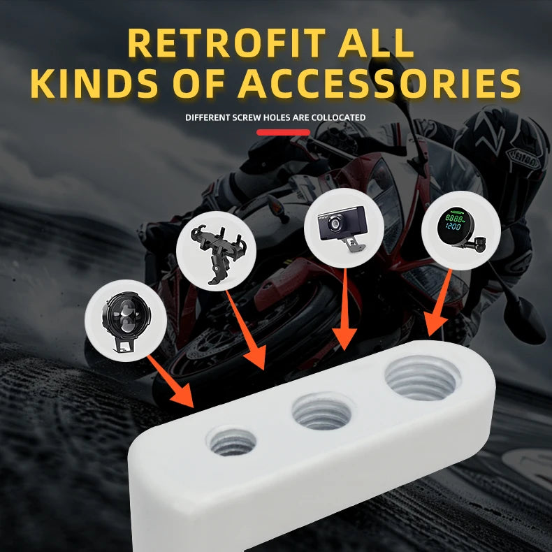 A white mounting block with multiple screw holes is shown next to a motorcycle, illustrating how to retrofit accessories.