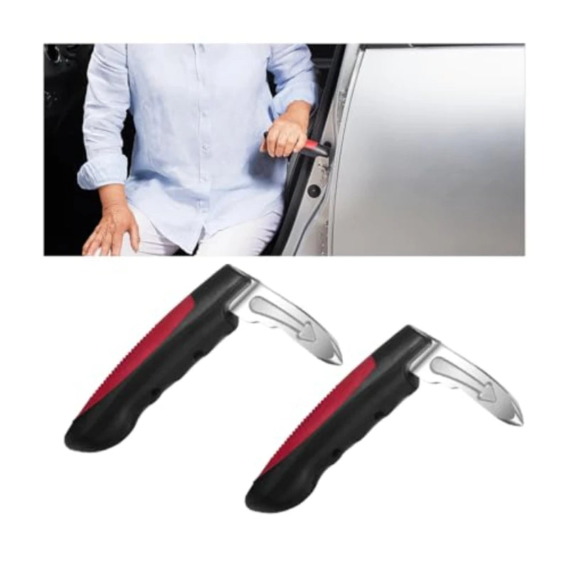A close-up of a black and silver 3-in-1 car door assist handle being used on a car door.