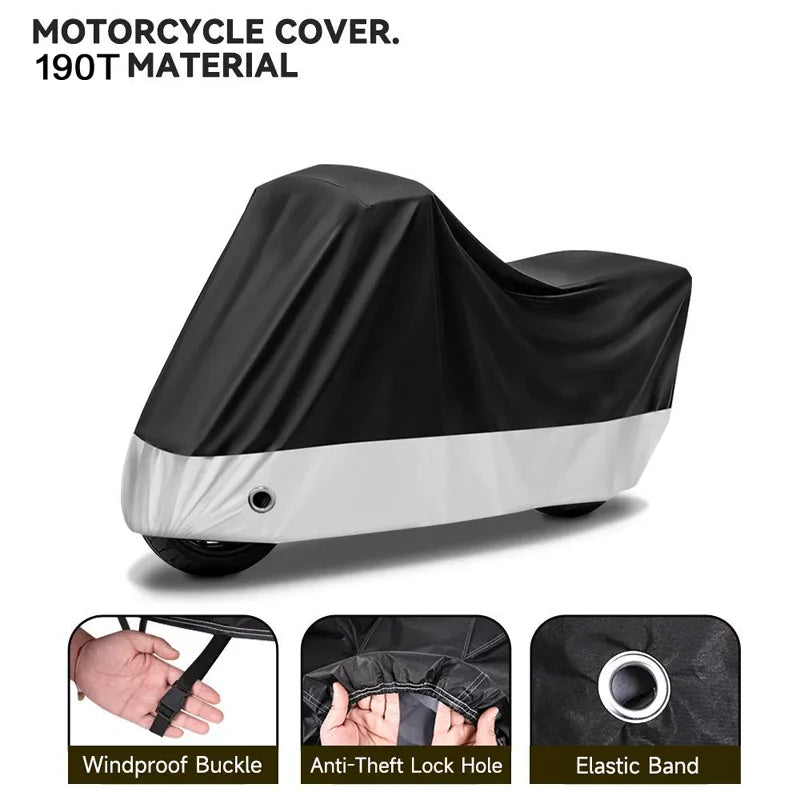 Black and silver motorcycle cover made of 190T material shown with close-ups of features.
