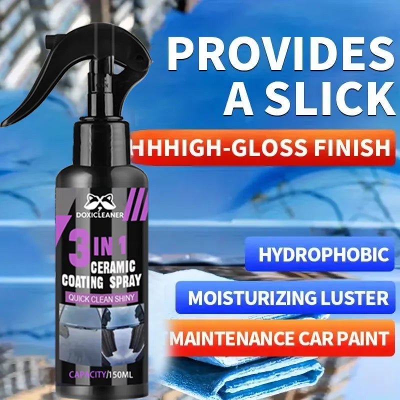 A black bottle of Nano Ceramic Car Coating Spray is shown with a black pump dispenser against a blue background.