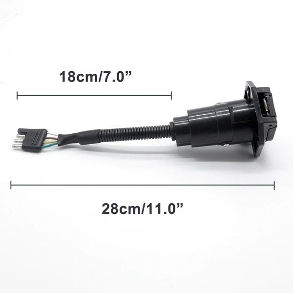 Black 4-pin flat to 7-way round trailer adapter with mounting bracket and waterproof cover shown with dimensions.