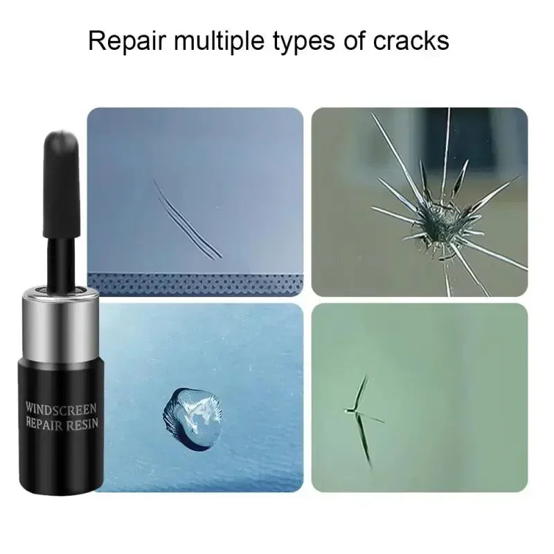 A kit for repairing multiple types of cracks, including a tool and resin, shown alongside examples of cracked surfaces.