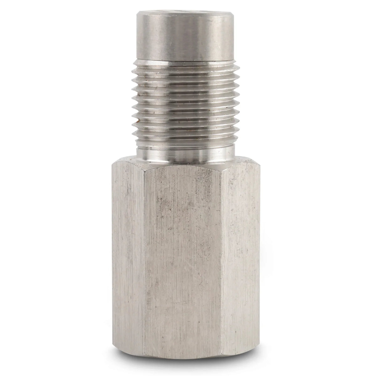 A metallic cylindrical sensor with external threading and a hexagonal body for vehicle diagnostics.