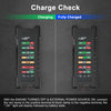 A battery tester screen showing charging and fully charged status with indicators for various battery states.