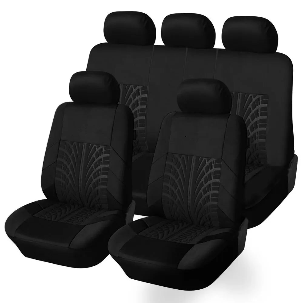 Black universal car seat covers for front and rear bench seats.