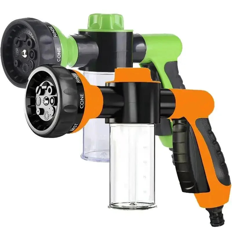 A high pressure foam lance car wash sprayer with green and black components.