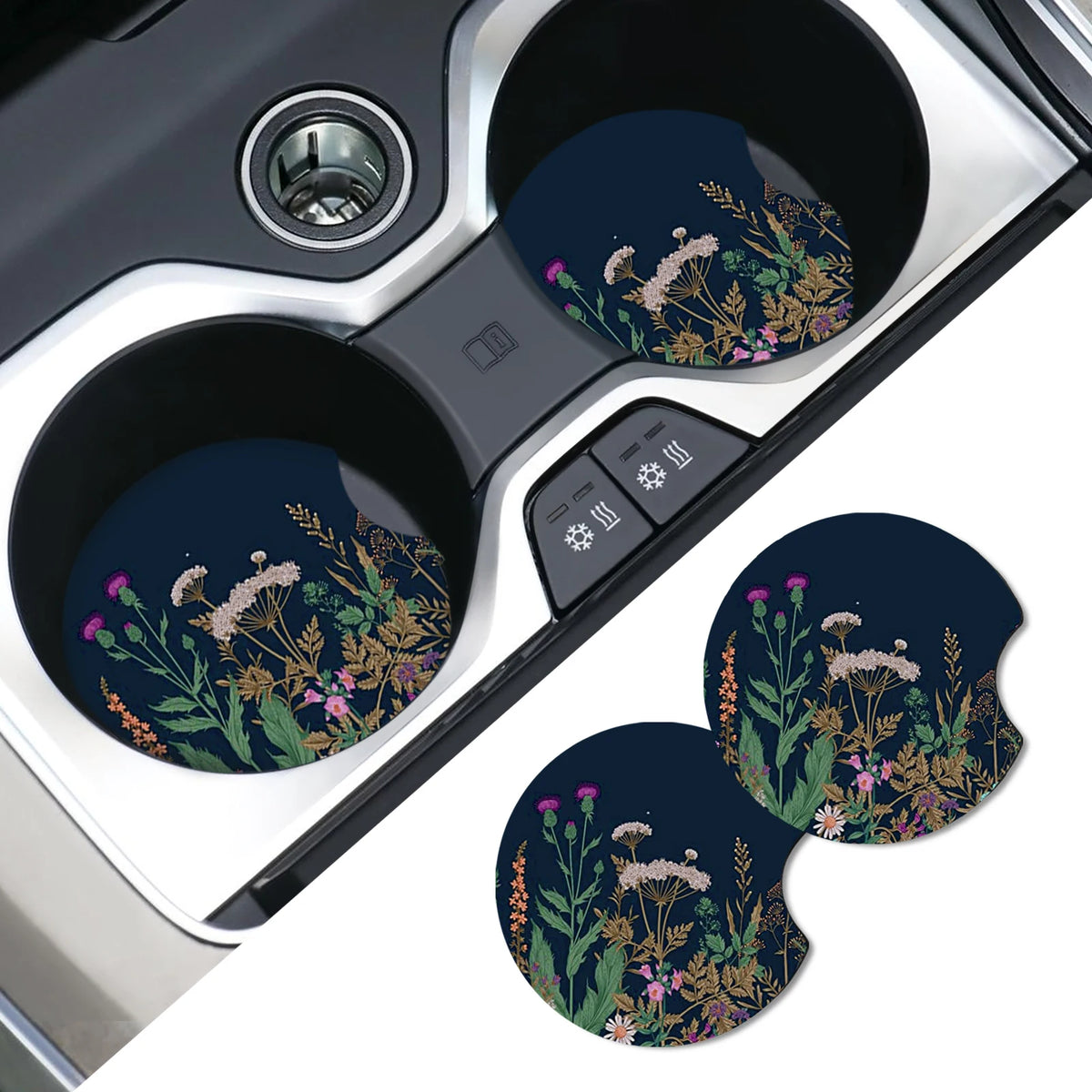 A set of dark blue coasters featuring floral and botanical designs, shown in a holder.
