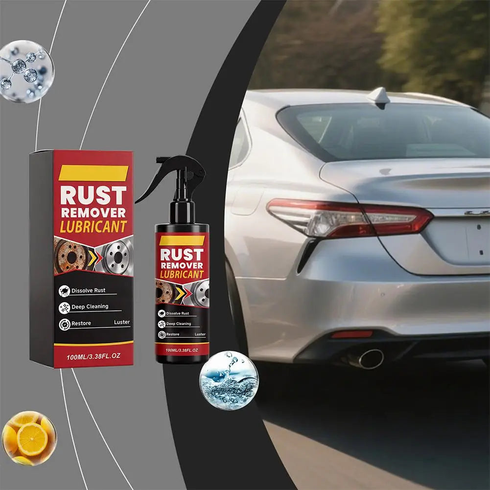 A bottle of Rust Remover Lubricant next to a silver car, demonstrating its use for rust removal and luster.