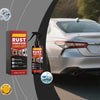 A bottle of Rust Remover Lubricant next to a silver car, demonstrating its use for rust removal and luster.