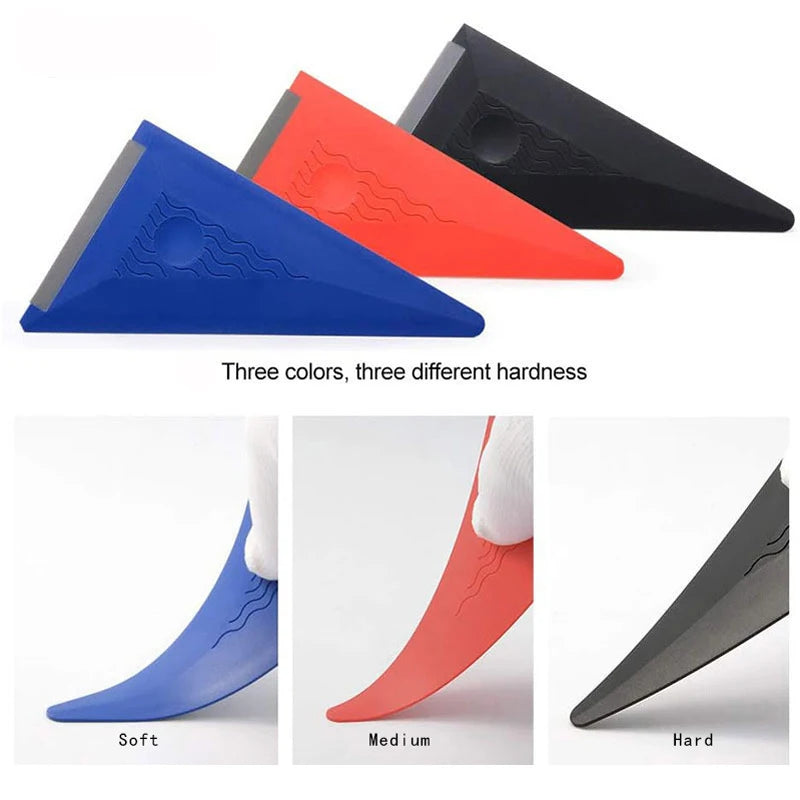 Three colored multi-edge triangle squeegees showing soft, medium, and hard hardness levels.