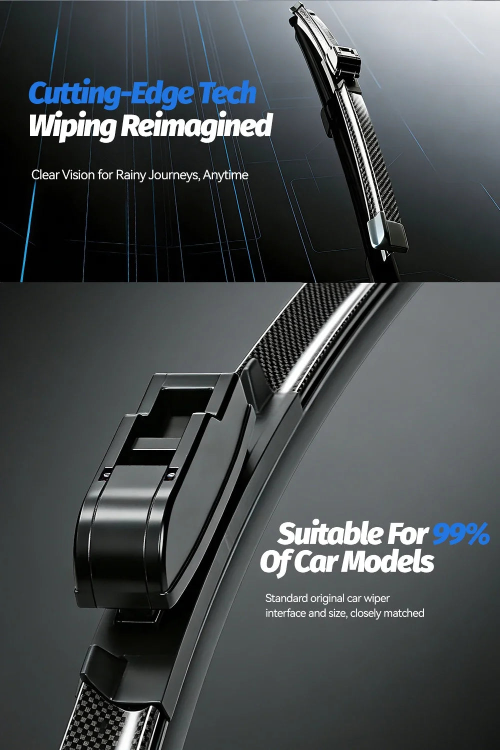Nahaufnahme eines zukunftsweisenden Scheibenwischer, der für 99% der Autos entwickelt wurde.