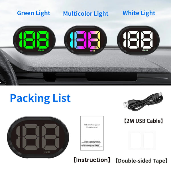 Digital speedometer display showing green, multicolor, and white light options for a car HUD device