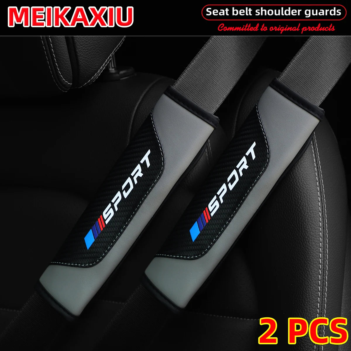 Two gray seat belt shoulder guards with black and blue accents for PU leather car seats