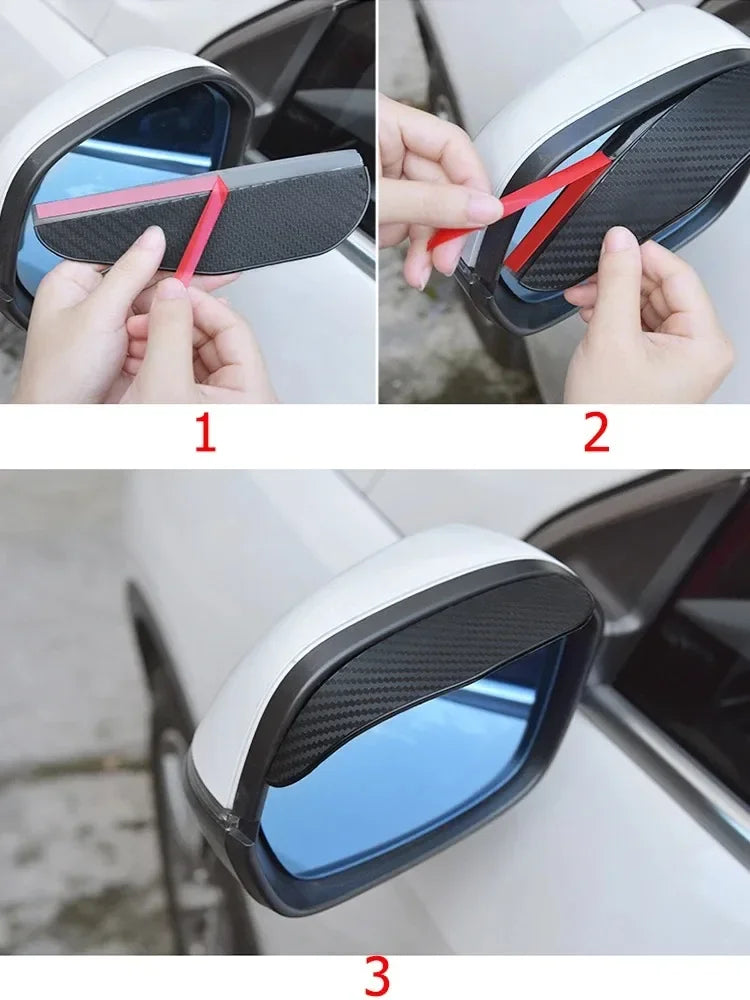 Demonstration of installing a carbon fiber car rain visor set onto a rearview mirror.