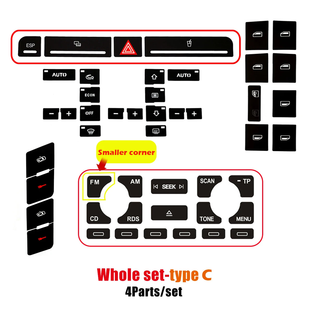 A set of four parts for a complete set-type C repair kit, including buttons and a function selector.