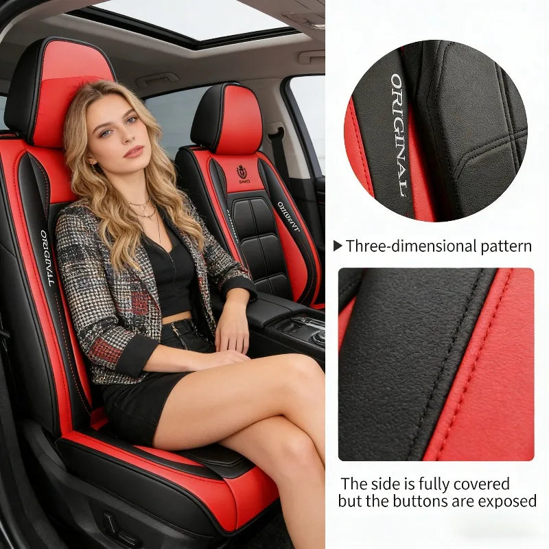 A woman sits in a red and black car seat with original pattern covers, showing the side fully covered except for exposed butt
