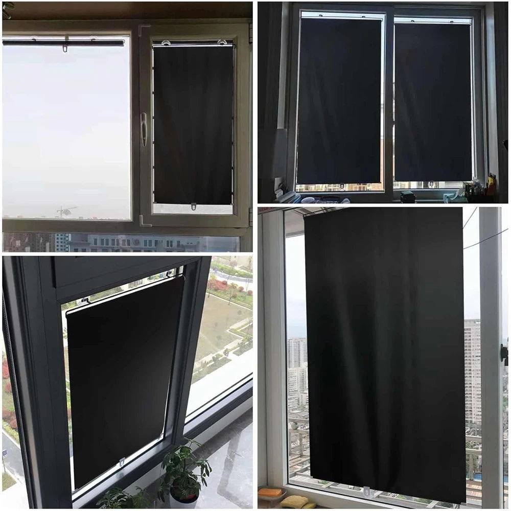 Nahaufnahmen von schwarzen, kordel-freien, ausziehbaren Rollläden in verschiedenen Fensteranordnungen.